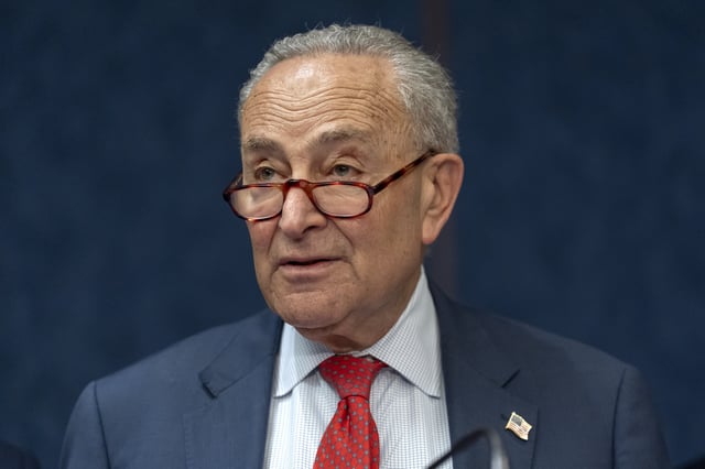 Senate Minority Leader Chuck Schumer, of N.Y., speaks during a news conference to protest cuts in the World Trade Center Health Program on Capitol Hill, Tuesday, May 13, 2025, in Washington. (AP Photo/Mark Schiefelbein)
