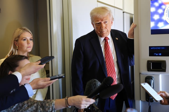 U.S. President Donald J. Trump speaks to travelling media aboard Air Force One on a range of issues, including Syria, as he flies to Doha, Qatar on May 14, 2025.
