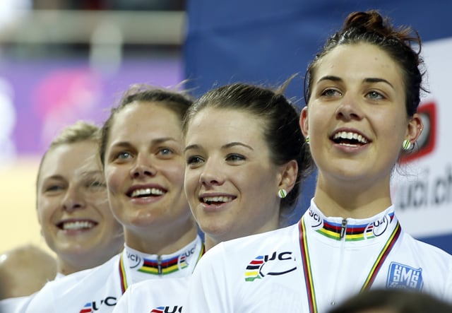 The Australia team of (L-R) Annette Edmondson, Ashlee Ankudinoff, Amy Cure and Melissa Hoskins, attend the podium ceremony of the Women's Team pursuit Final at the UCI Track Cycling World Cup in Saint-Quentin-en-Yvelines, near Paris, February 19, 2015. Australia won the event. REUTERS/Charles Platiau/File Photo