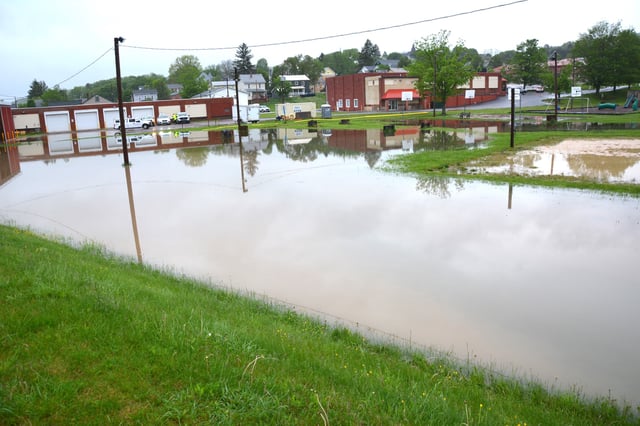 Part of Paul E. Fuller Park in Meyersdale, Pennsylvania, is swamped by Flaugherty Creek on May 13, 2025.