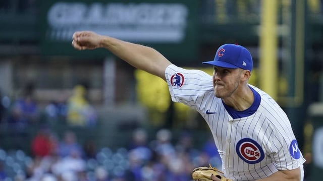 Apr 27, 2025; Chicago, Illinois, USA; Chicago Cubs pitcher Jameson Taillon (50) throws the ball against the Philadelphia Phillies during the first inning at Wrigley Field. Mandatory Credit: David Banks-Imagn Images