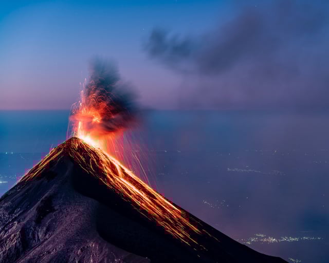 A vocano erupting 