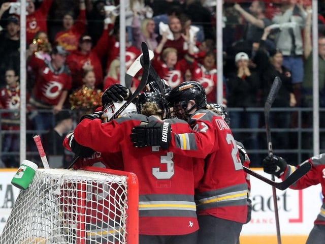 Ottawa Charge teammates celebrate and the fans go wild at their 1-0 win over Montreal Victoire Tuesday night at TD Place. 