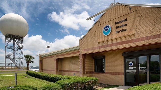 This photo taken on May 23, 2014, shows the entrance the National Weather Service monitoring station in Brownsville, Texas, with their Doppler radar tower nearby. (AP Photo/Valley Morning Star, David Pike)