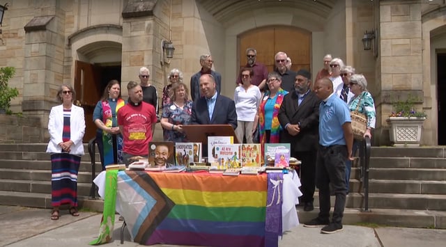 Rabbi Robert Nosanchuk speaks at an interfaith press conference condemning a man's recent burning of books on Jewish history and other topics, Beachwood, Ohio, May 12, 2025. (WKYC Cleveland/ Screenshot via YouTube)