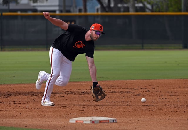 Orioles’ Jordan Westburg takes grounders at third base during spring training in Sarasota, Florida, on Thursday. (Kenneth K. Lam/Staff)