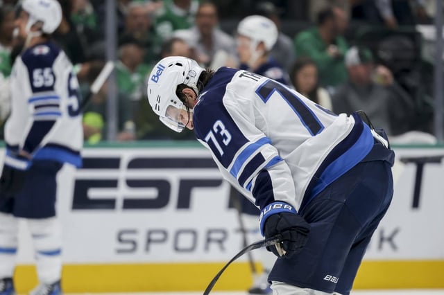 Winnipeg Jets forward Brandon Tanev (73) reacts at the end of the second period of Game 4 in a second-round NHL playoff series in Dallas on Tuesday, May 13, 2025. (AP Photo/Gareth Patterson)