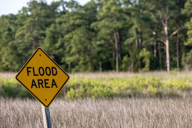Piney Point, Maryland, USA. A Flood Area road sign on a low lying road through marshland.
