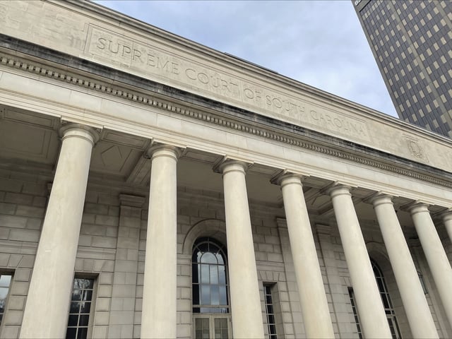 FILE - The exterior of the South Carolina Supreme Court building in Columbia, S.C. is shown, Jan. 18, 2023. The right to an abortion is back before the highest court in South Carolina on Tuesday, June 27, as Republicans try to restore a ban that was overturned earlier this year — this time in front of the only state Supreme Court in the nation made up entirely of men. (AP Photo/James Pollard, File)