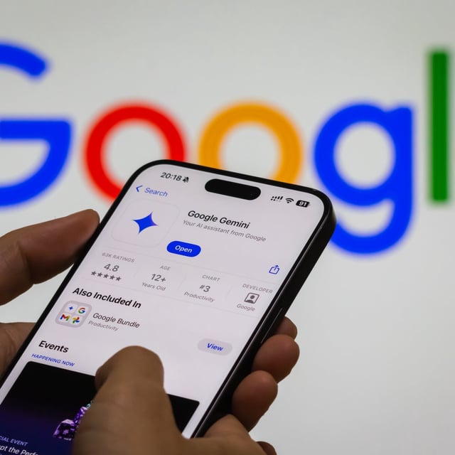  a person interacts with the “Google Gemini” app on a smartphone, with the Google logo in the background