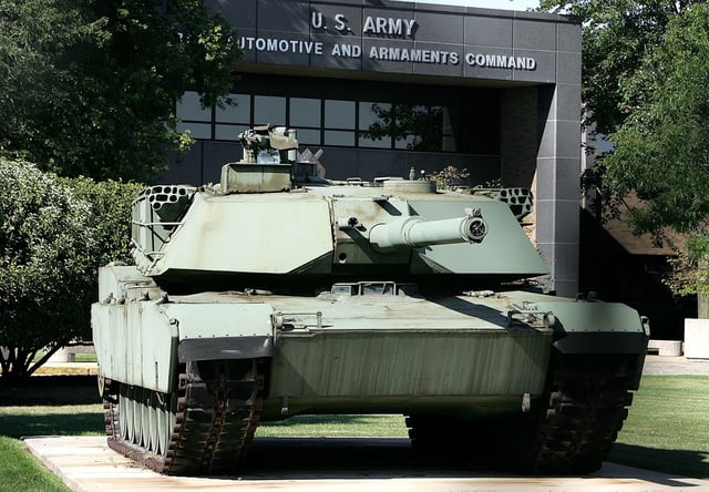 A 105mm M1 Abrams tank is shown outside the Tank-Army Automotive and Armaments Command at the Detroit Arsenal in Warren, Michigan, in 2005.