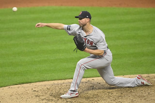 Jun 8, 2023; Cleveland, Ohio, USA; Boston Red Sox starting pitcher Corey Kluber (28) delivers a pitch in the the sixth inning against the Cleveland Guardians at Progressive Field. Mandatory Credit: David Richard-USA TODAY Sports/File Photo