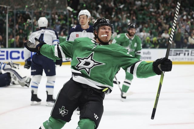 Dallas Stars centre Mikael Granlund celebrates after scoring a power-play goal against the Winnipeg Jets in the first period of Game 4 of a second-round NHL hockey playoff series in Dallas, Tuesday, May 13, 2025. (AP Photo/Gareth Patterson)