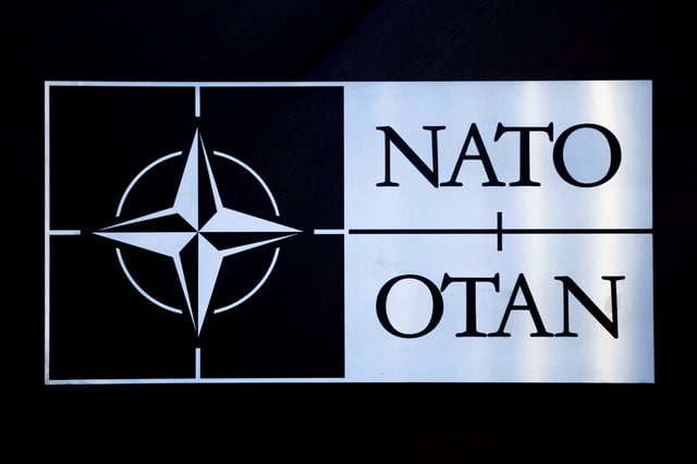 The logo of NATO is seen at a meeting of the North Atlantic Council in the NATO defence ministers' session together with Sweden as the invitee, at the Alliance's headquarters in Brussels, Belgium February 15, 2024. REUTERS/Johanna Geron/File Photo