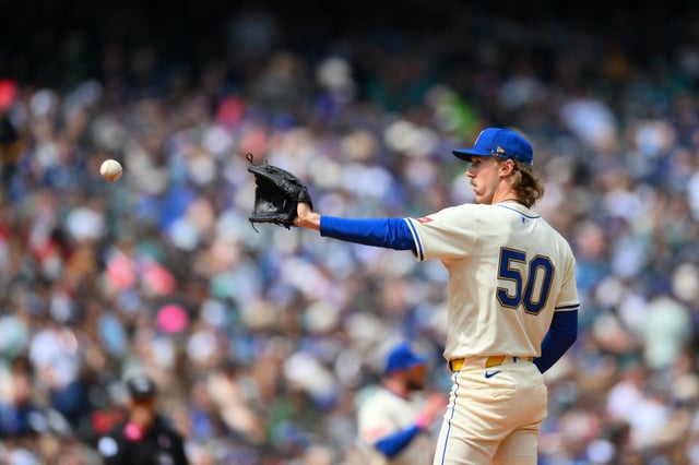 May 11, 2025; Seattle, Washington, USA; Seattle Mariners starting pitcher Bryce Miller (50) catches a thrown ball during the fifth inning against the Toronto Blue Jays at T-Mobile Park. Mandatory Credit: Steven Bisig-Imagn Images