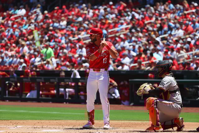 ST LOUIS, MISSOURI - JUNE 23: Matt Carpenter #13 of the St. Louis Cardinals bats against the San Francisco Giants at Busch Stadium on June 23, 2024 in St Louis, Missouri.