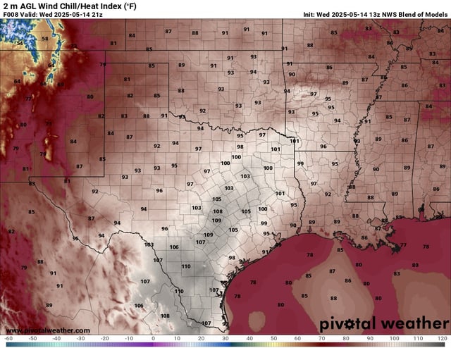 Heat index values, or humidity-driven “feels like” temperatures, across Central and South Texas are poised to reach to between 105 and 110 degrees Wednesday afternoon.