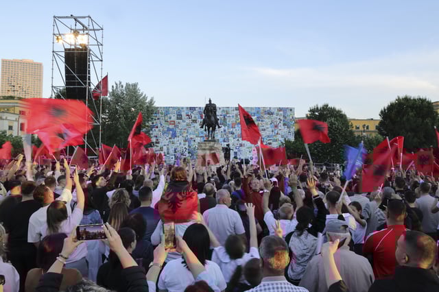Albanian Prime Minister Edi Rama speaks to supporters during a celebratory rally for his Socialist Party victory in the last parliamentary elections, in Tirana, Albania, Wednesday, May 14, 2025. (AP Photo/Vlasov Sulaj)