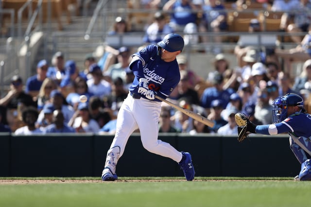 Dalton Rushing #68 of the Los Angeles Dodgers swings at the ball during a Spring training game against the Kansas City Royals at Camelback Ranch on February 22, 2025 in Glendale, Arizona.