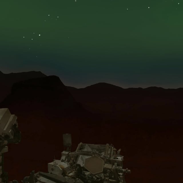 A depiction of the Perseverance rover with a soft green aurora over head on Mars. 