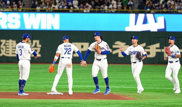 TOKYO, JAPAN - MARCH 15: Players from Los Angeles Dodgers celebrate after winning the MLB Tokyo Series between Los Angeles Dodgers and Yomiuri Giants at Tokyo Dome on March 15, 2025 in Tokyo, Japan.