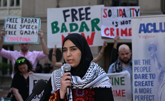 Dr. Badar Khan Suri's wife, Mapheze Saleh, spoke to supporters after she exited the courthouse in front the U.S. District Court in Alexandria, Virginia, on May 1, 2025.
