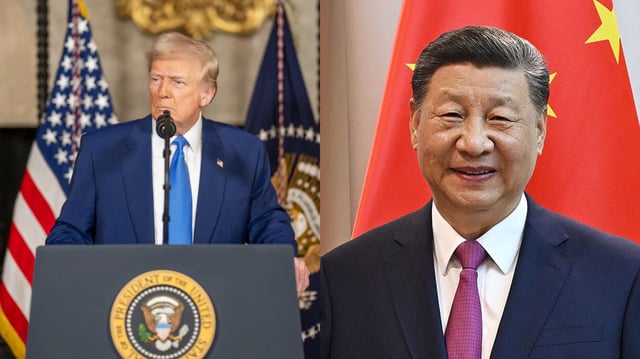 A split-screen image showing Donald Trump speaking at a podium with the U.S. presidential seal and American flags in the background on the left, and Xi Jinping smiling in front of the Chinese flag on the right.