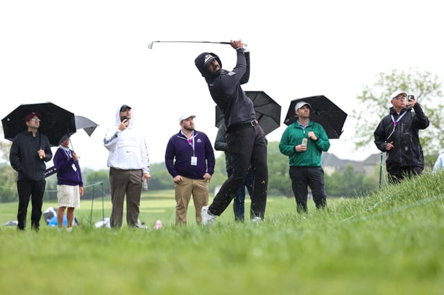 May 9, 2025; Philadelphia, Pennsylvania, USA; Sahith Theegala plays a shot from the rough on the tenth hole during the second round of the Truist Championship golf tournament. Mandatory Credit: Bill Streicher-Imagn Images/File Photo