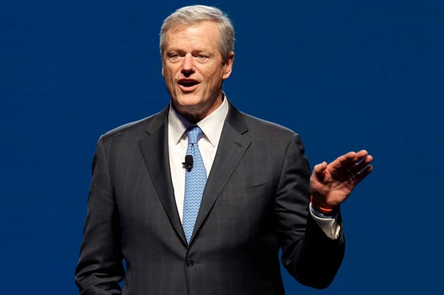 NCAA President Charlie Baker during his first state of college sports address at the association's annual convention, in Phoenix, on Jan. 10, 2024.