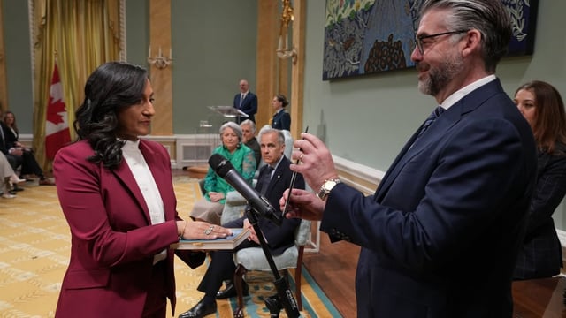Foreign Affairs Minister Anita Anand takes part in the cabinet swearing-in ceremony at Rideau Hall on Tuesday, when she took over the position from Mélanie Joly.