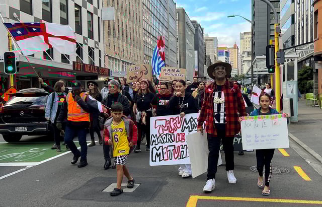 Te Pati Maori co-leader Rawiri Waititi (r)  takes part in a march to demonstrate against the incoming government and its policies, in Wellington, New Zealand, December 5, 2023. REUTERS/Lucy Craymer/File Photo