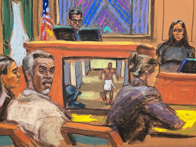 Sean "Diddy" Combs listens as his former girlfriend Casandra "Cassie" Ventura testifies at his sex trafficking trial in New York City on Wednesday in this courtroom sketch.