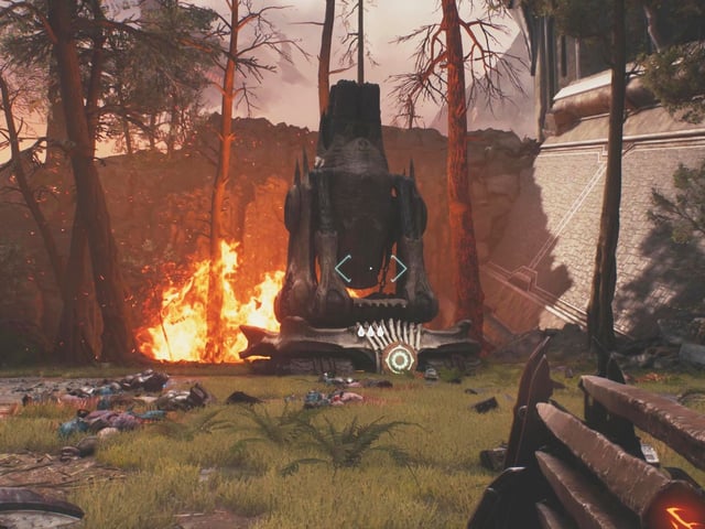 Doom: The Dark Ages artillery cannon locations Siege Part 1 - An artillery cannon surrounded by burned trees and a raging fire.
