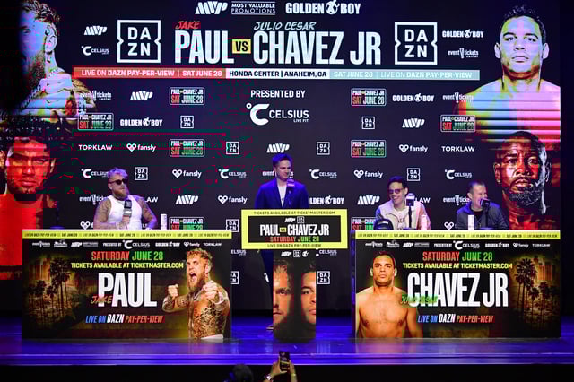 May 14, 2025; Los Angeles, California, USA; Jake Paul and Julio Cesar Chavez Jr. at press conference in anticipation of their fight at Avalon Hollywood Theater. Mandatory Credit: Gary A. Vasquez-Imagn Images
