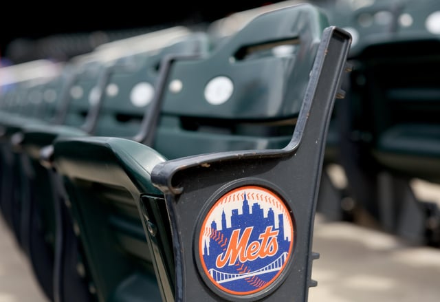 NEW YORK, NEW YORK - APRIL 04: A logo on the seats is seen before the home opener between the New York Mets and the Toronto Blue Jays at Citi Field on April 04, 2025 in the Flushing neighborhood of the Queens borough of New York City.