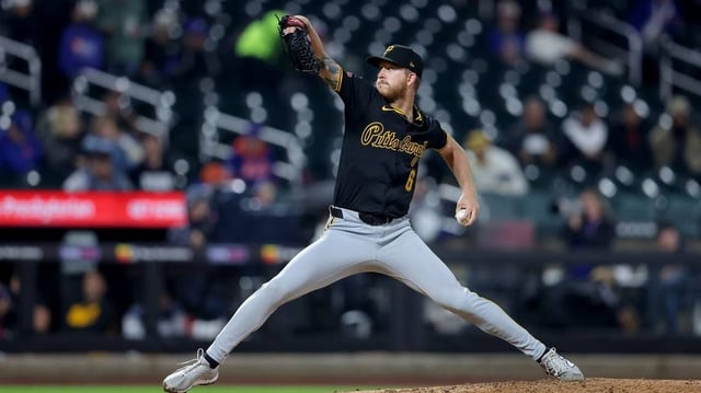 May 14, 2025; New York City, New York, USA; Pittsburgh Pirates starting pitcher Bailey Falter (6) pitches against the New York Mets during the third inning at Citi Field. Mandatory Credit: Brad Penner-Imagn Images