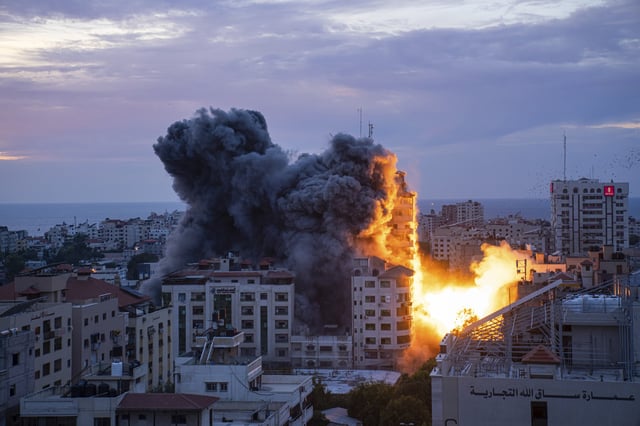 FILE - Fire and smoke rise following an Israeli airstrike in Gaza City, Oct. 7, 2023. (AP Photo/Fatima Shbair, File)