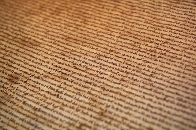 A detailed view of an original Magna Carta copy from Salisbury Cathedral