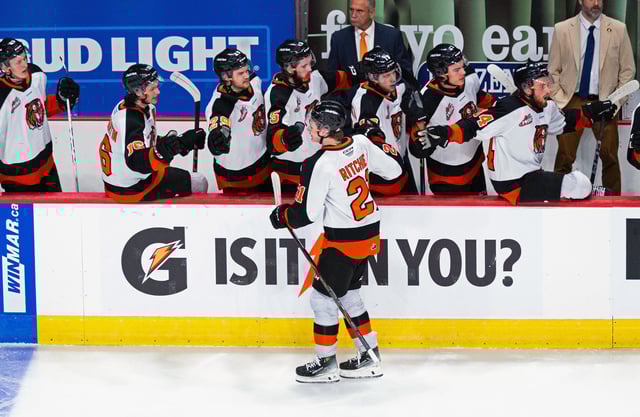 PHOTO COURTESY LARRY BRUNT/SPOKANE CHIEFS Medicine Hat Tigers forward Ryder Ritchie celebrates his goal in the first period Wednesday in Game 4 of the WHL Championship series at Spokane against the Chiefs.