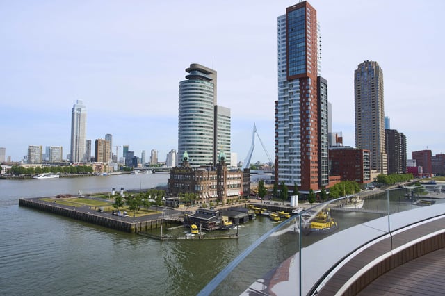 View of the harbour from the Fenix Migration Museum in Rotterdam, Netherlands, Wednesday, May 14, 2025. (AP Photo/Peter Dejong)