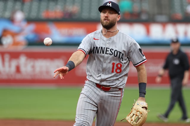 May 14, 2025; Baltimore, Maryland, USA; Minnesota Twins second baseman Kody Clemens (18) throws to first for an out during the seventh inning against the Baltimore Orioles at Oriole Park at Camden Yards. Mandatory Credit: Daniel Kucin Jr.-Imagn Images