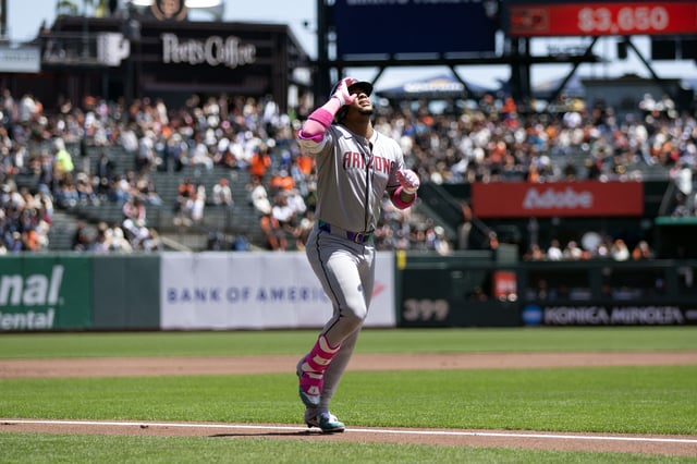 May 14, 2025; San Francisco, California, USA; Arizona Diamondbacks second baseman Ketel Marte (4) celebrates his solo home run against the San Francisco Giants during the first inning at Oracle Park. Mandatory Credit: D. Ross Cameron-Imagn Images