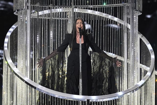 Yuval Raphael from Israel performs the song "New Day Will Rise" during the dress rehearsal for the second semi-final of the 69th Eurovision Song Contest, in Basel, Switzerland, Wednesday, May 14, 2025. (AP Photo/Martin Meissner)