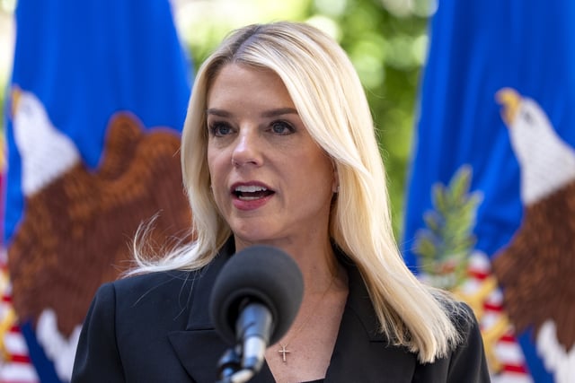 Attorney General Pam Bondi speaks during a news conference at the Department of Justice, Wednesday, May 7, 2025, in Washington.