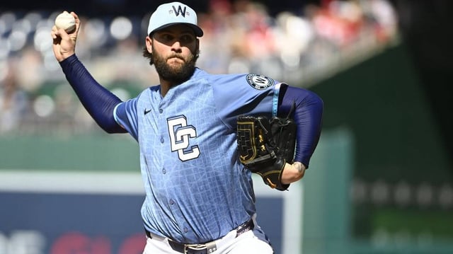 May 10, 2025; Washington, District of Columbia, USA; Washington Nationals starting pitcher Trevor Williams (32) throws to the St. Louis Cardinals during the first inning at Nationals Park. Mandatory Credit: Brad Mills-Imagn Images
