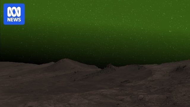 Illustration compiled of a green glow above a Martian-like landscape.