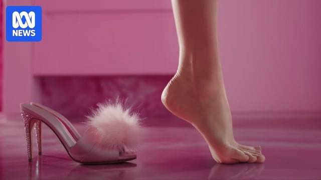 Margot Robbie's foot on tip-toe with a pink glistening and furry high heel next to the raised foot