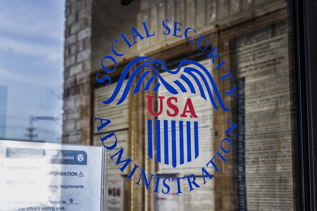 Social Security Administration logo, taken at a office branch in April 2022.