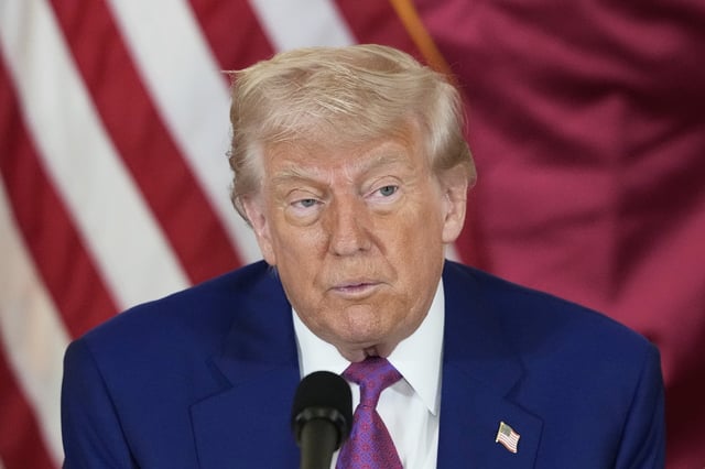 President Donald Trump speaks during a business roundtable, attended by Sheikh Saoud bin Abdulrahman bin Hassan bin Ali Al Thani,Thursday, May 15, 2025, in Doha, Qatar.
