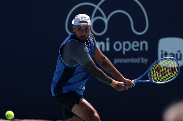 Mar 21, 2025; Miami, FL, USA; Nick Kyrgios (AUS) hits a backhand against Karen Khachanov (not pictured) on day four of the Miami Open at Hard Rock Stadium. Mandatory Credit: Geoff Burke-Imagn Images/File Photo